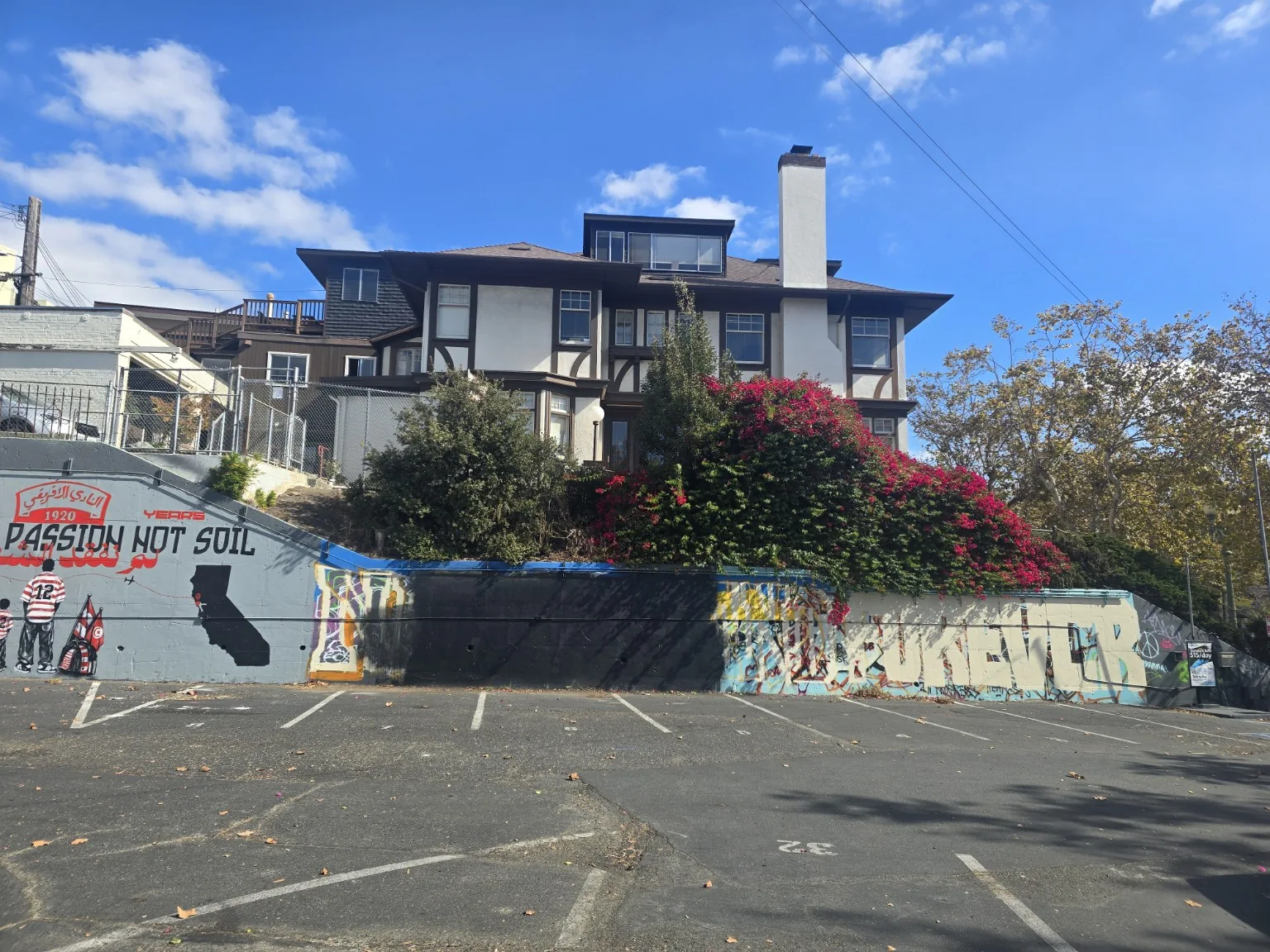 Unaltered photograph of the Oakland retaining wall with existing graffiti, bushes and the neighboring building